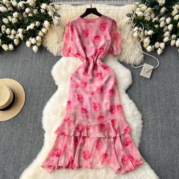 French Style V-neck Floral Fishtail Dress