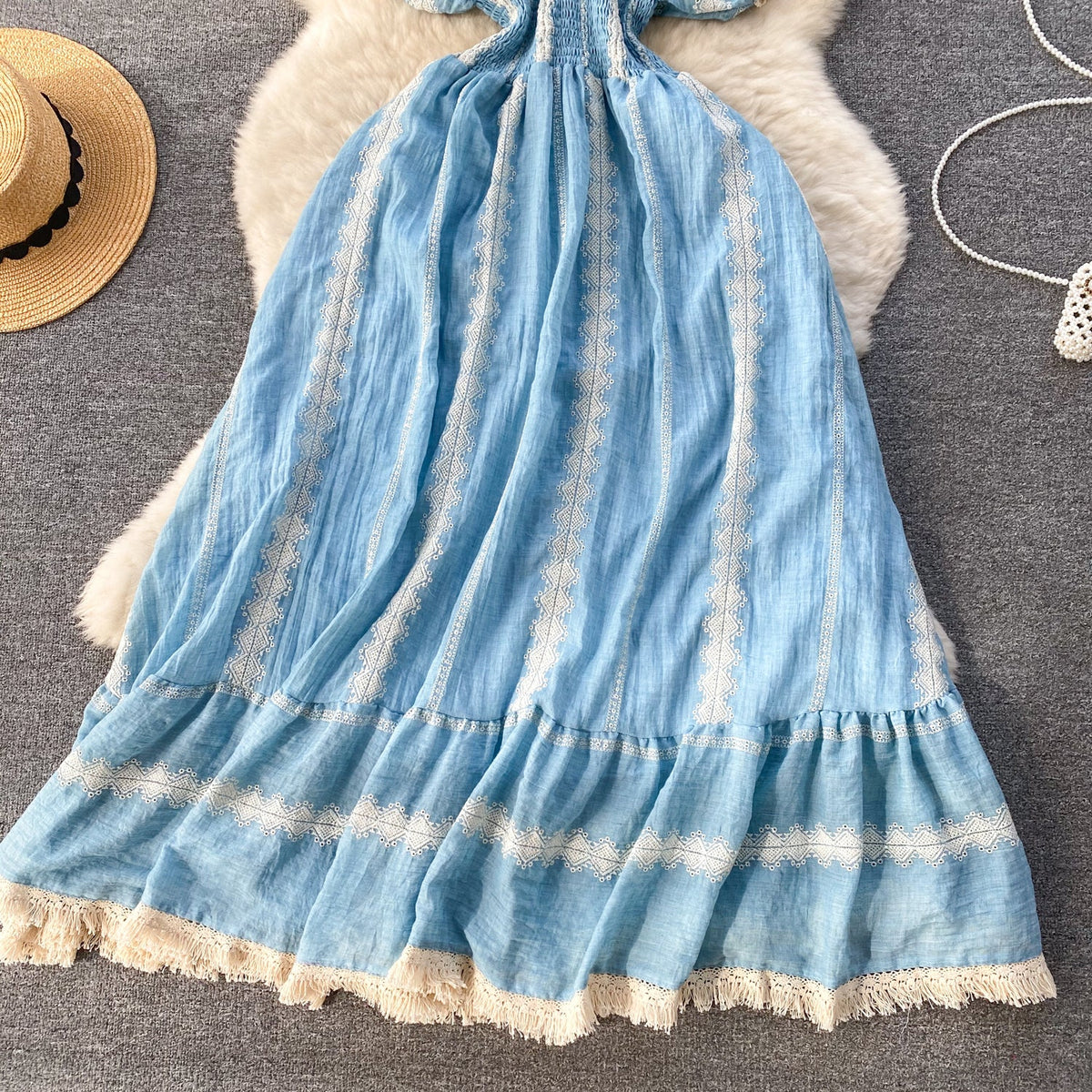 French Style Lace Trim Blue Dress