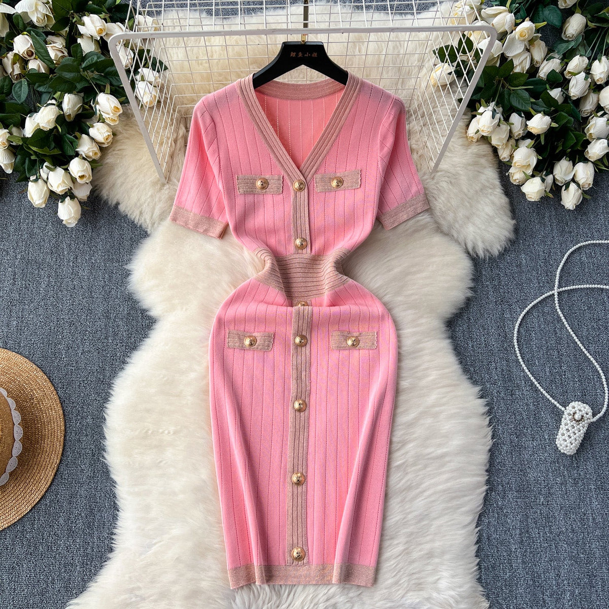 Elegant Metal Button Knitted Dress