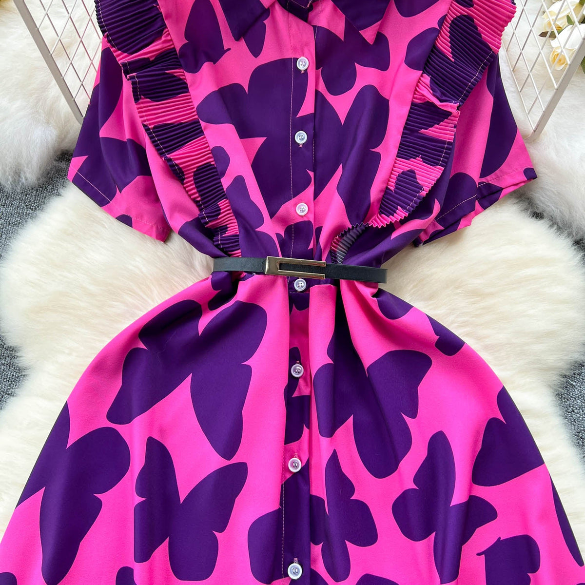 Niche Ruffled Printed Shirt Dress
