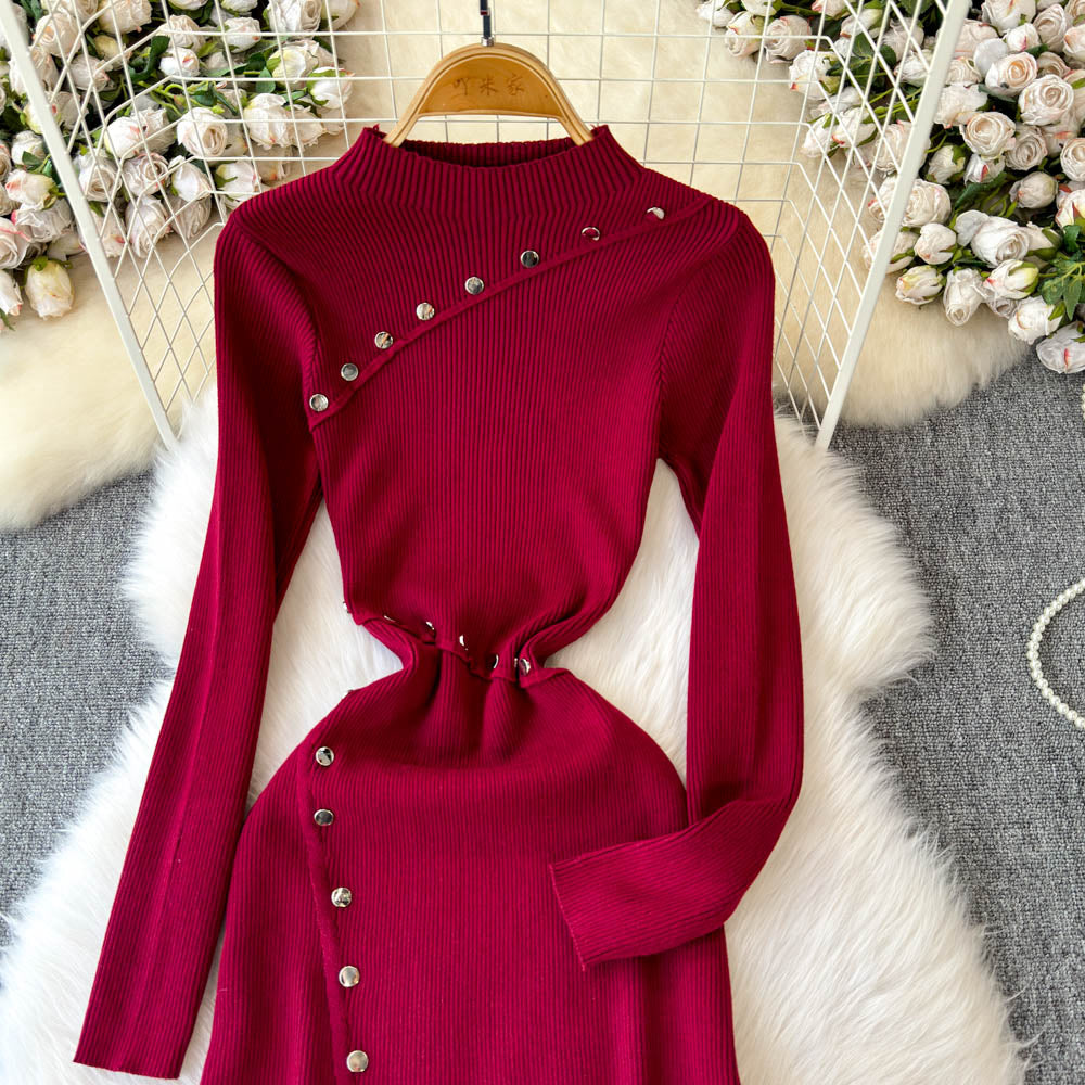 Hand-stitched Buttons Bottoming Knit Dress