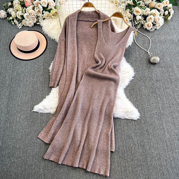 Openwork Cardigan&Vest Dress 2Pcs