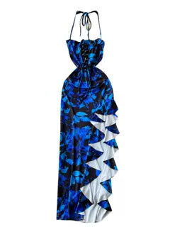 Asymmetric Ruffled Printed Halter Dress