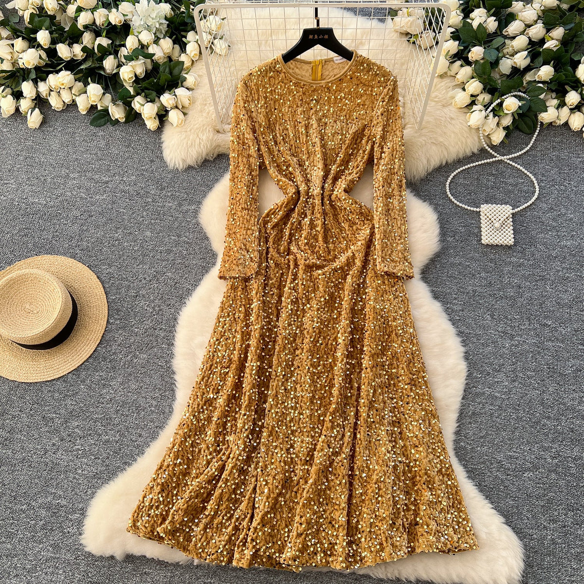 Elegant Glossy Sequined Velvet Dress
