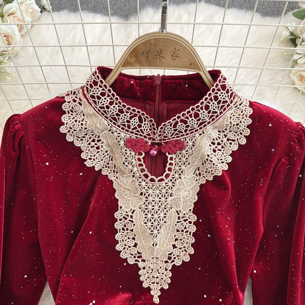 Lace Embroidered Velvet Cheongsam