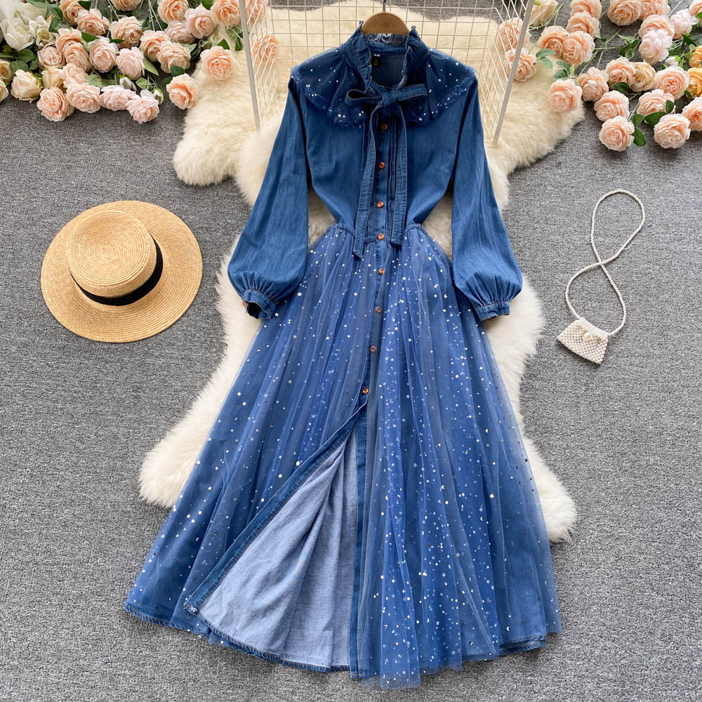 Niche Mesh Patchwork Denim Shirt Dress