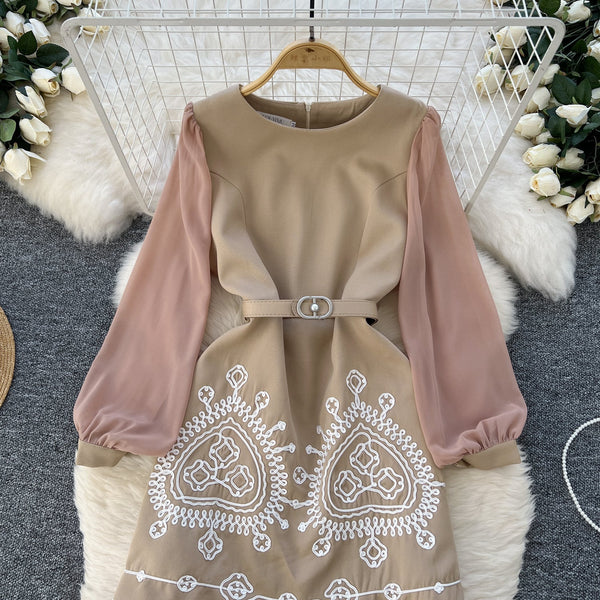 Round Collar Embroidered Patchwork Dress