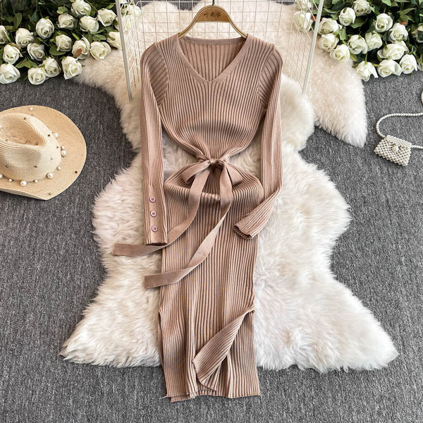 V-neck Bodycon Split Knitted Dress
