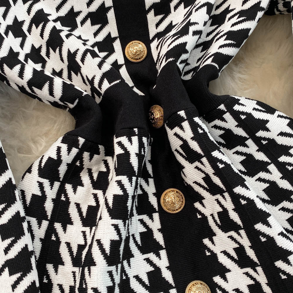 French Style Houndstooth Knitted Dress