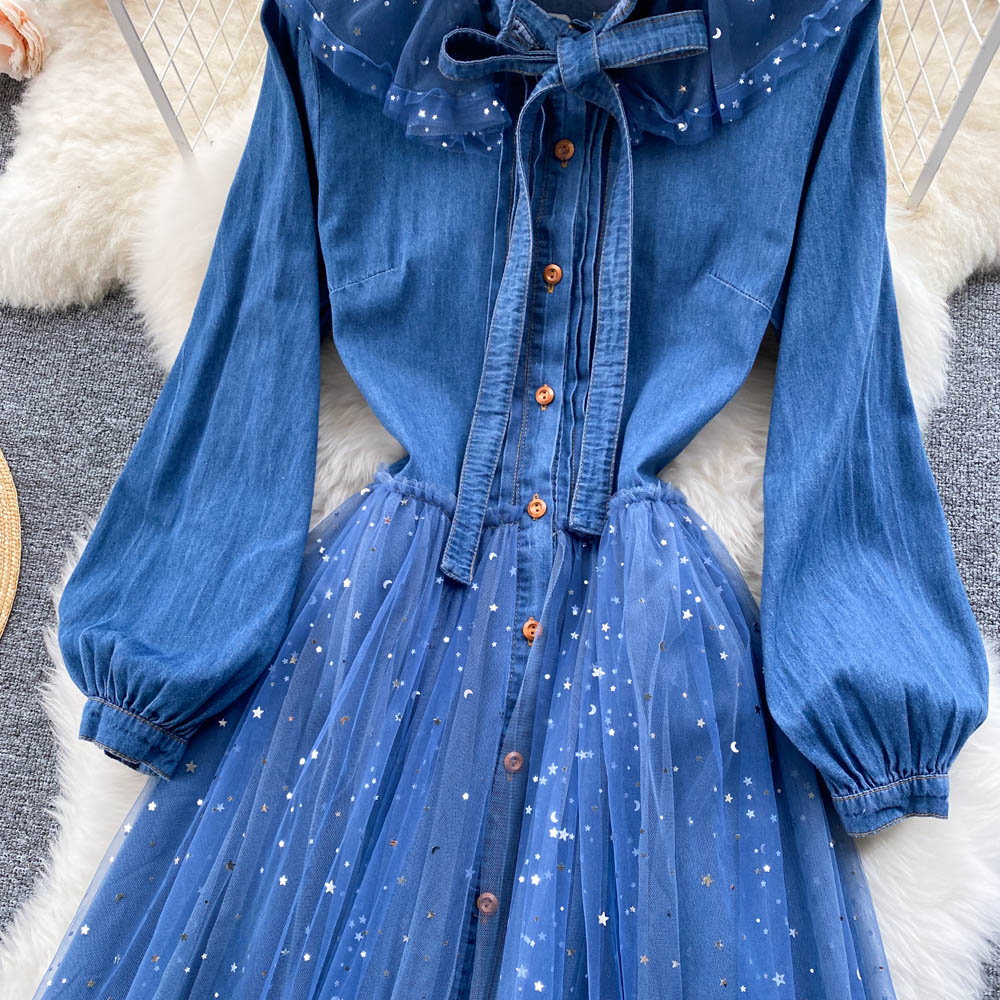 Niche Mesh Patchwork Denim Shirt Dress