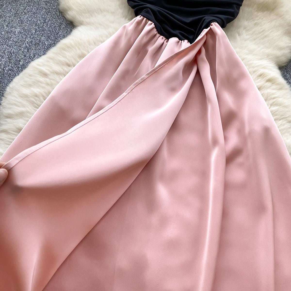 Black & Pink Satin Patchwork Split Dress