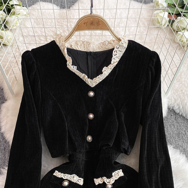 V-neck Lace Trim Black Curduroy Dress