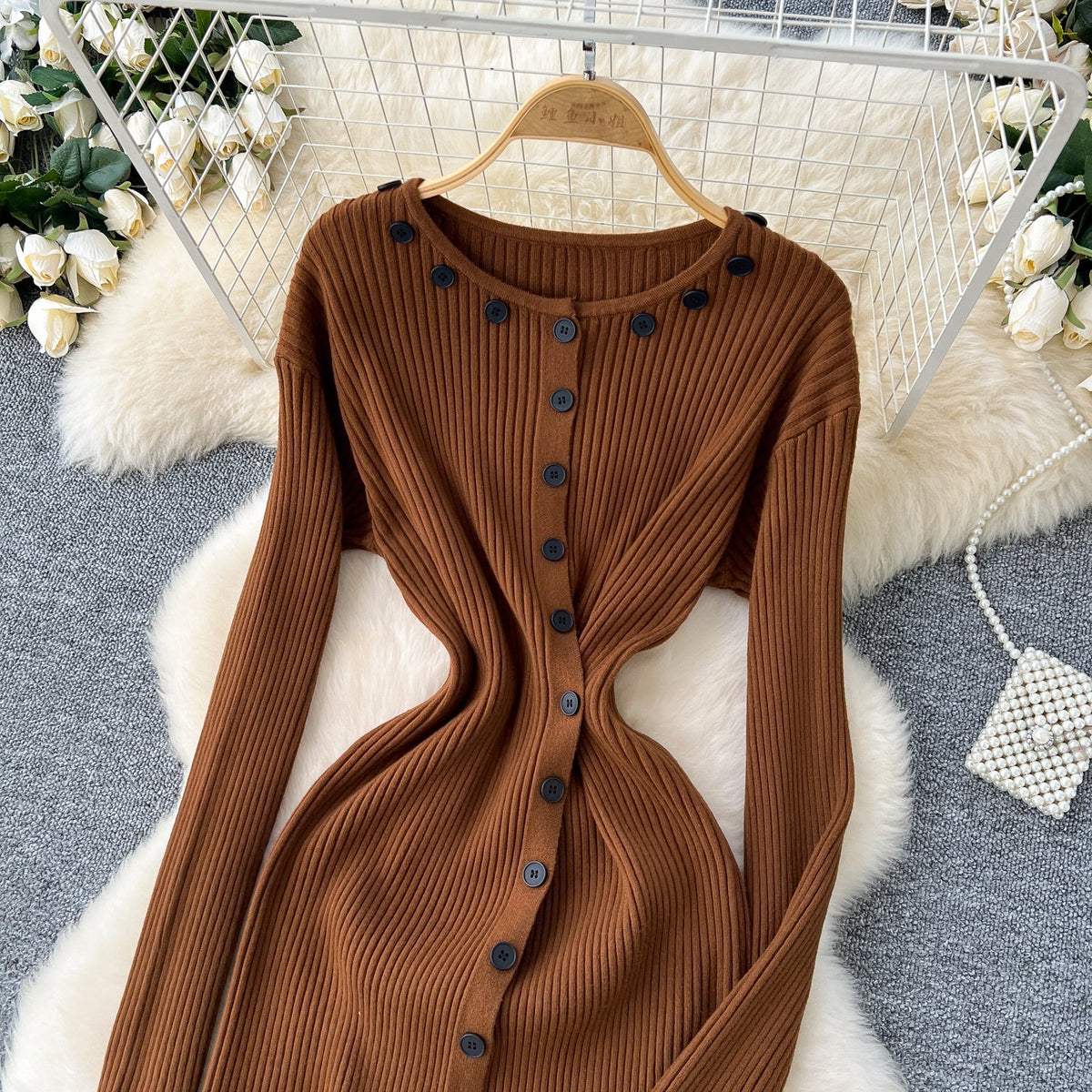 Round Collar Button Decorated Knitted Dress