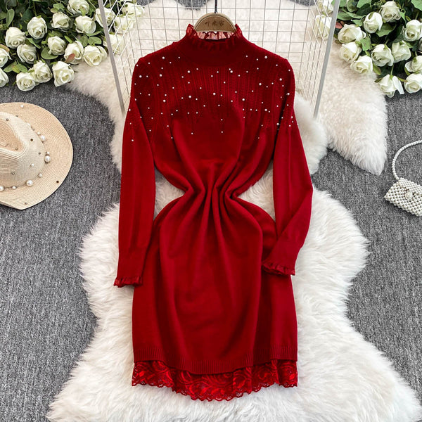 Elegant Turtleneck Beaded Knitted Dress