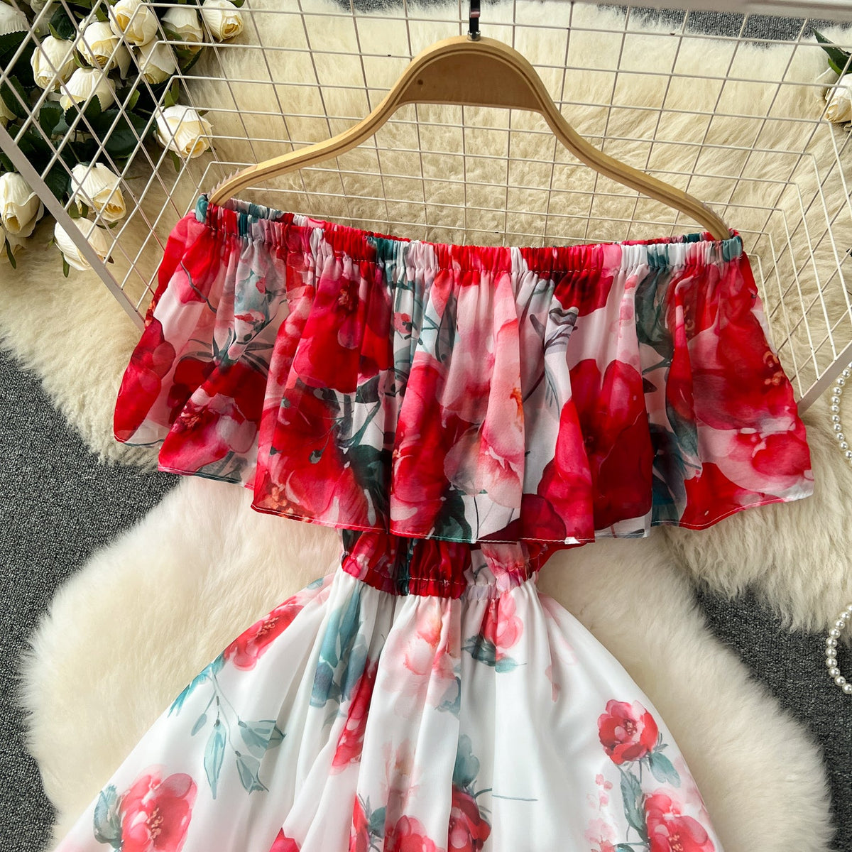 Fairy Floral Printed Off-shoulder Dress