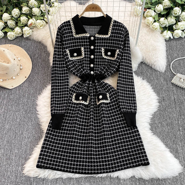 Lapeled Plaid Tweed Knitted Dress