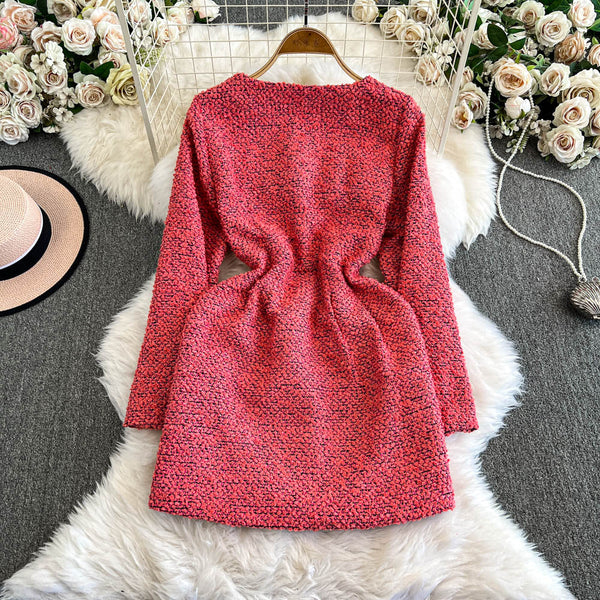 Kare Yaka Pembe Tweed Örme Elbise