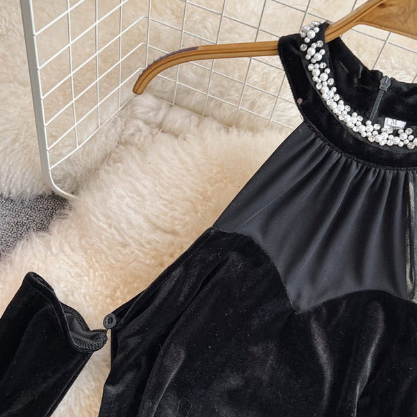 Rhinestone Studded Halter Black Dress