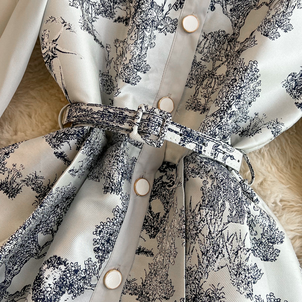 Elegant Ink Painting Printed Shirt Dress