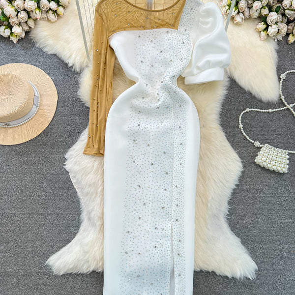 Irregular Design Beaded Mesh Patchwork Dress
