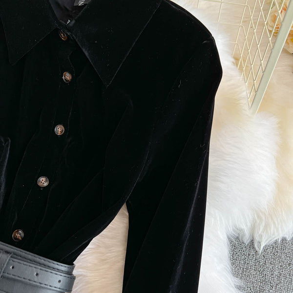 Simple Design Black Velvet Shirt Dress