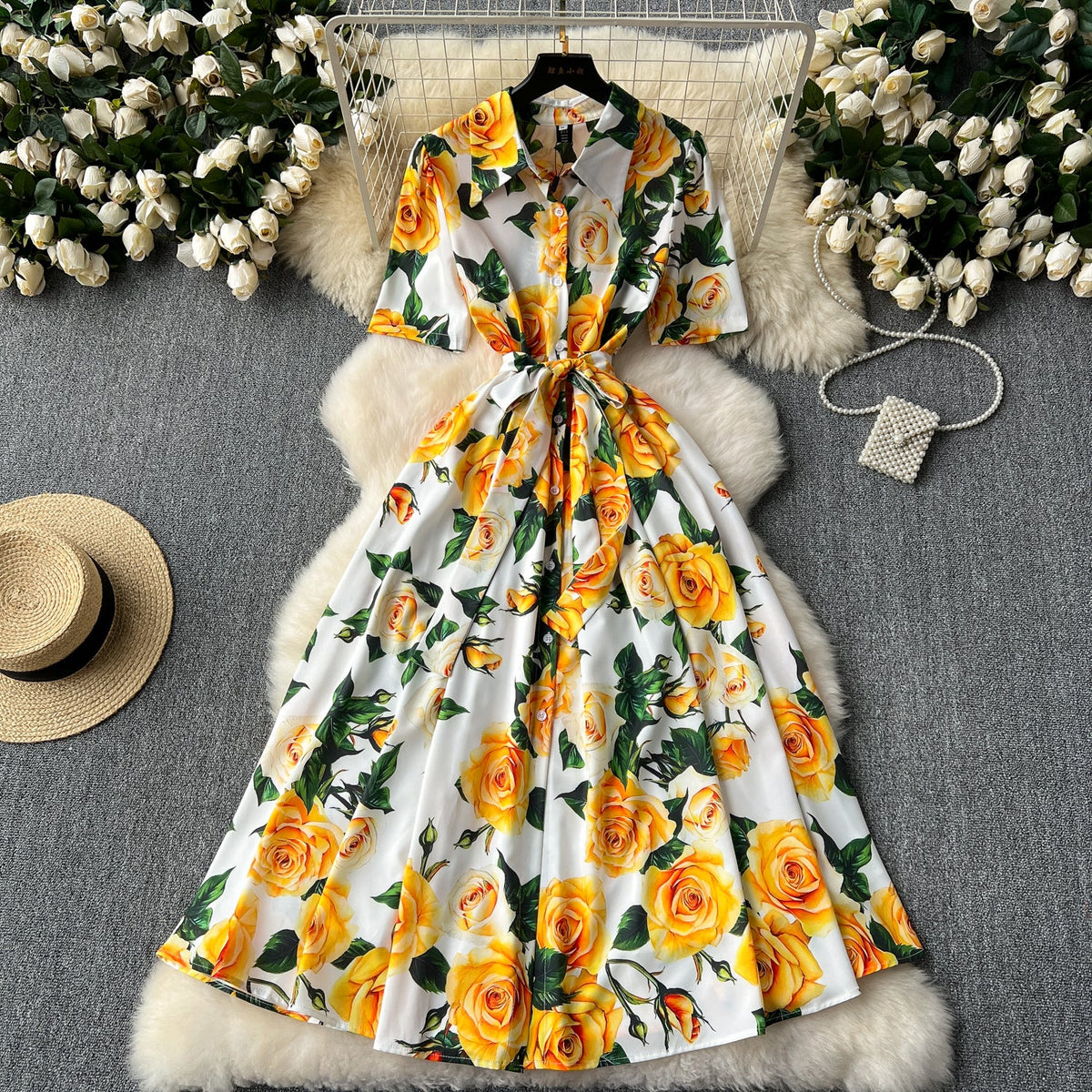 Floral Printed Lace-up Shirt Dress