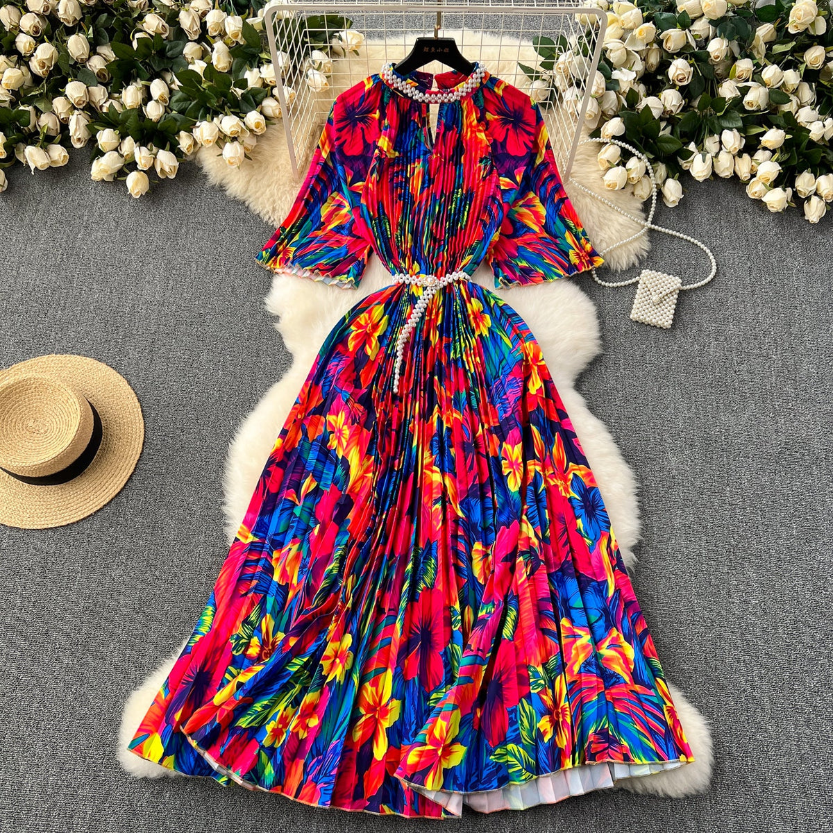 Beaded Crew Neck Printed Dress