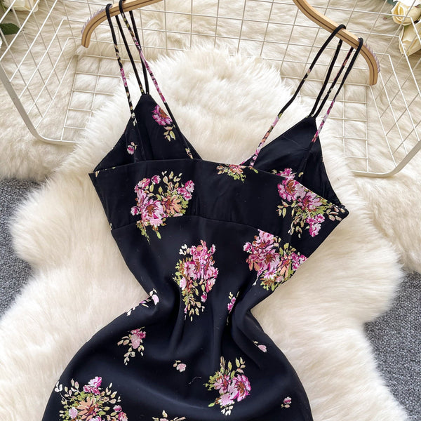 French Style Floral Black Slip Dress