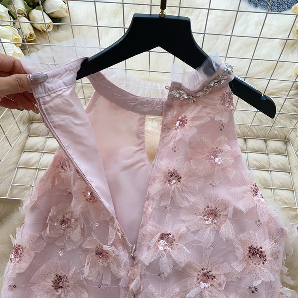 Rhinestone Studded Pink Floral Halter Dress