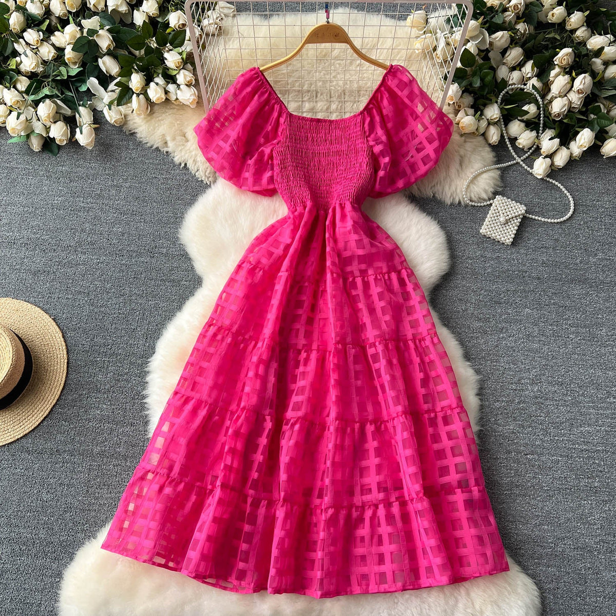 Solid Color Plaid Puffy Dress