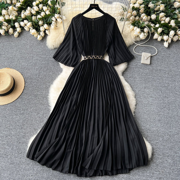 Vintage Solid Color Pleated Dress