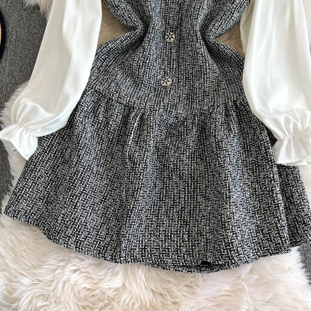 Tweed Vest Dress&White Shirt 2Pcs