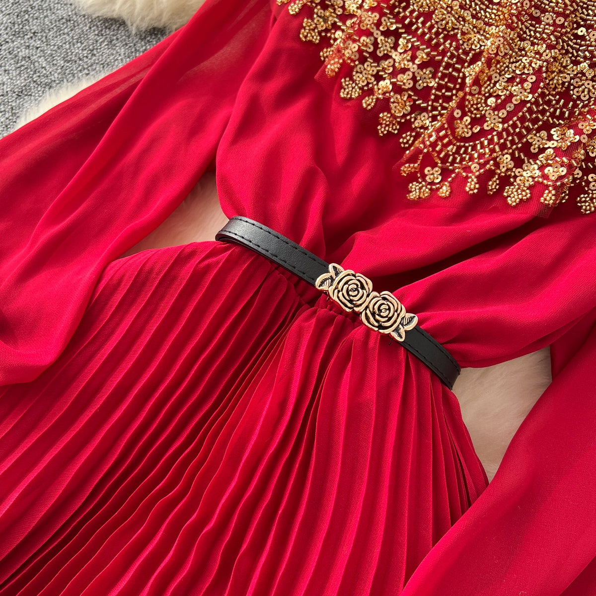 Premium Rhinestone Studded Pleated Dress
