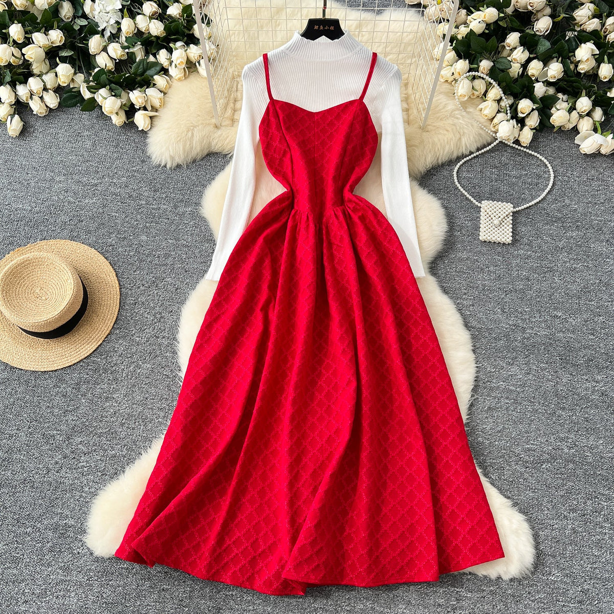 Jacquard Dress&Black Sweater Courtly 2Pcs