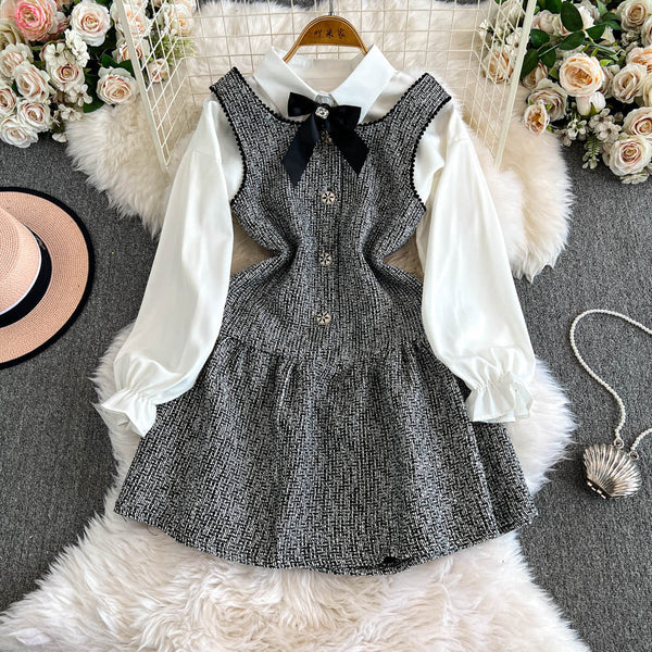 Tweed Vest Dress&White Shirt 2Pcs