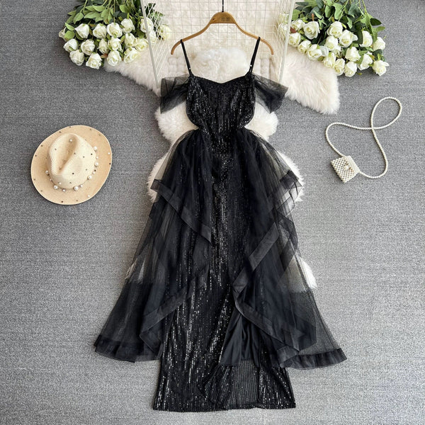 Ruffled Neckline Black Sequined Party Dress