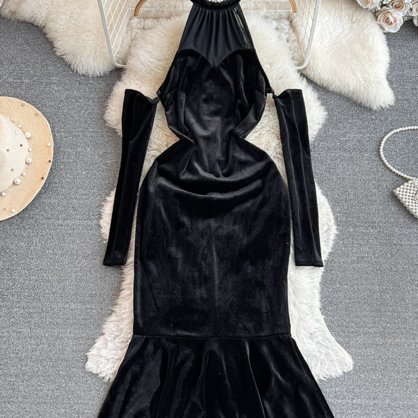 Rhinestone Studded Halter Black Dress