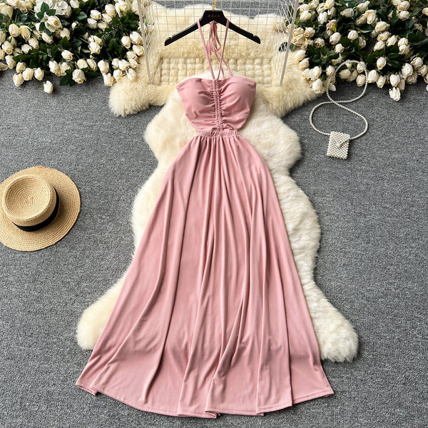 Hollowed Pleated Draped Halter Dress