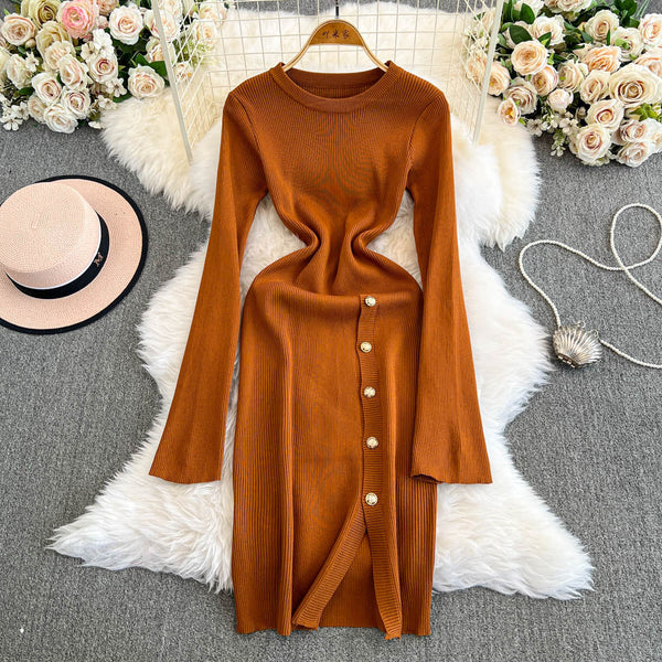 Round Collar Split Stretchy Knitted Dress