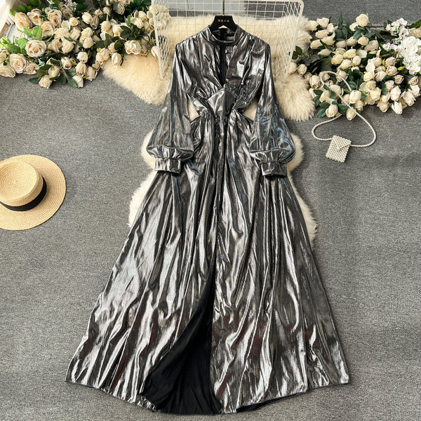 Deep V-neck Glossy Satin Dress