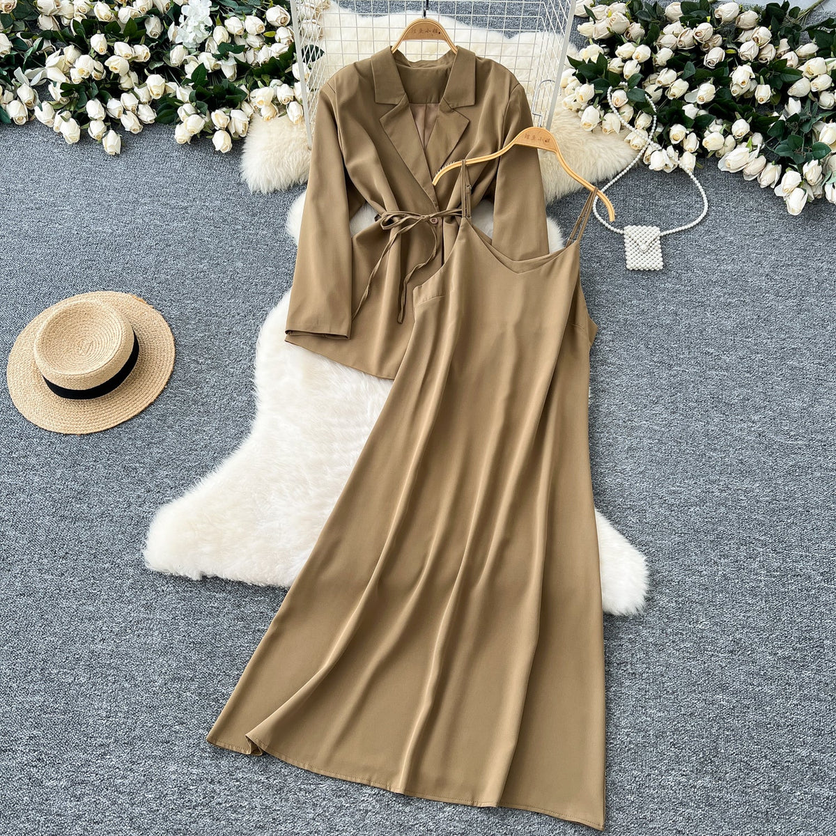 Lace-up Suit Blazer&Slip Dress 2Pcs