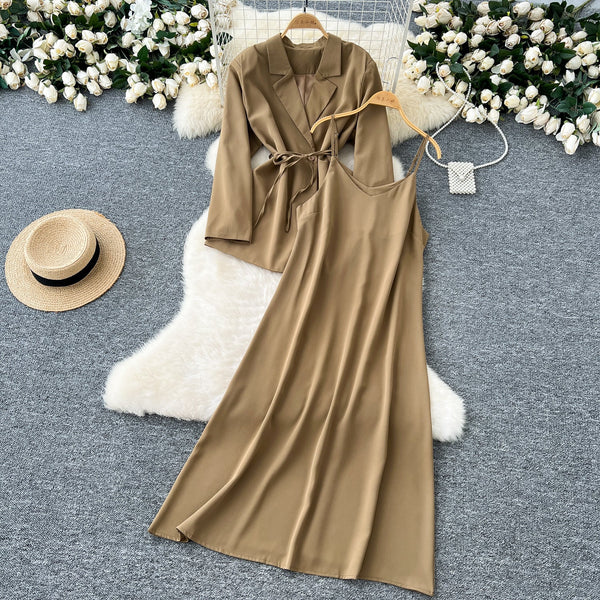 Lace-up Suit Blazer&Slip Dress 2Pcs