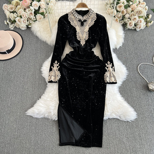 Lace Embroidered Velvet Cheongsam