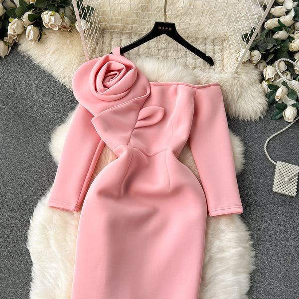 One-shoulder 3D Flower Slim Dress