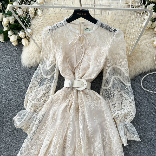Embroidered Lace Apricot Shirt Dress