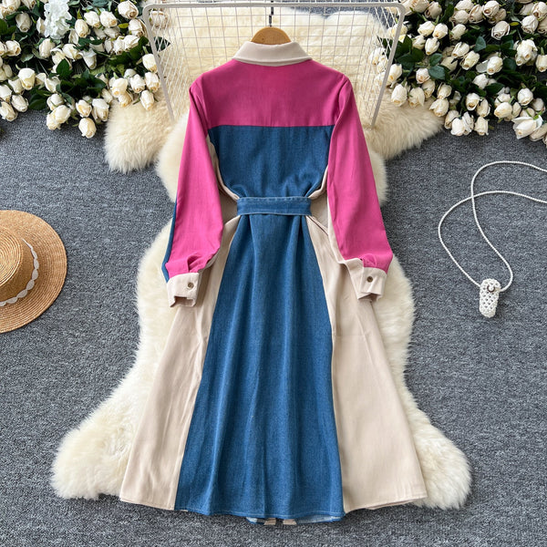 Vintage Lace-up Denim Patchwork Shirt Dress