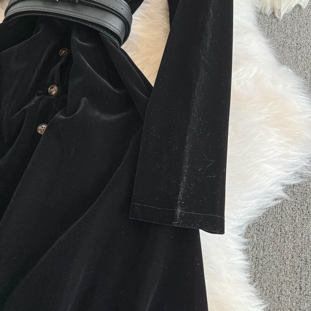 Simple Design Black Velvet Shirt Dress