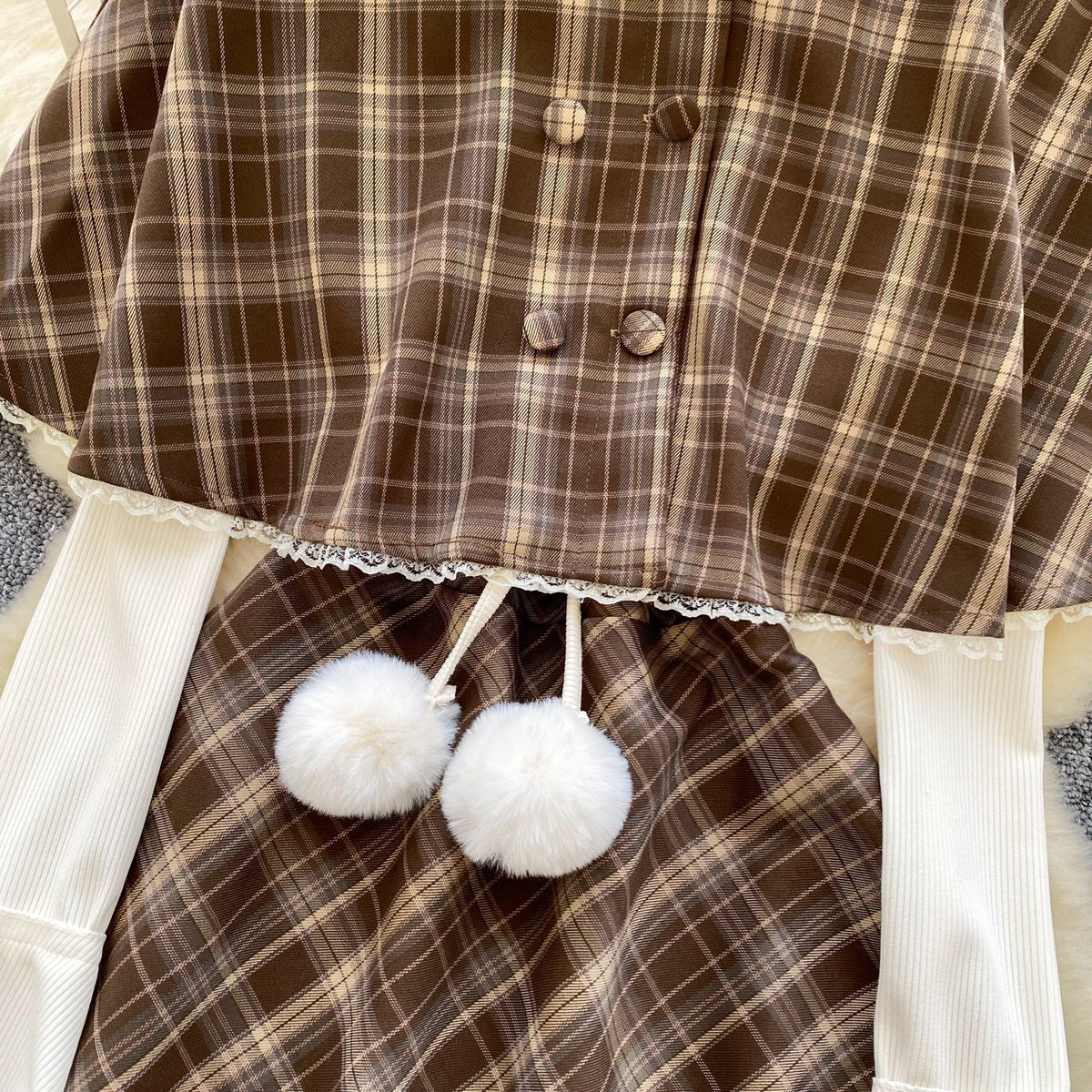 Faux Two-pieces Dress&Cape Plaid 2Pcs