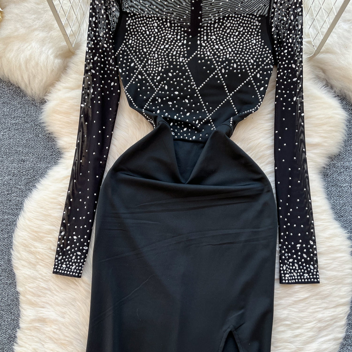 Rhinestone Studded Turtleneck Black Dress