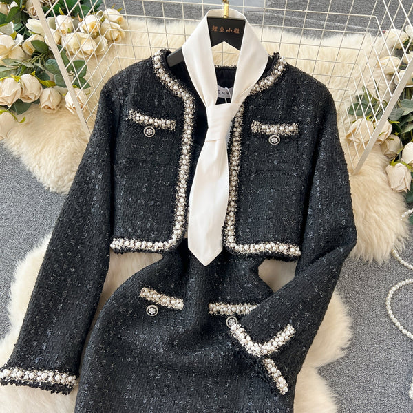 Boncuklu Blazer ve Slip Elbise Tweed 2 Parça